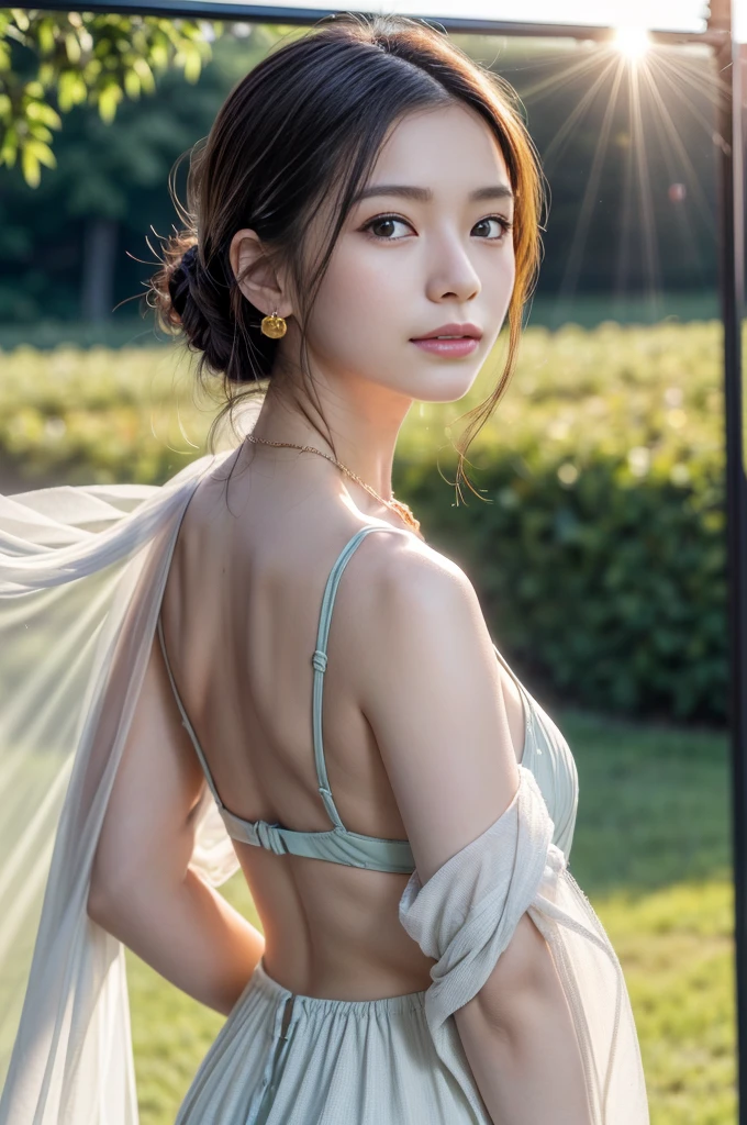 (Photoreal Stick:1.5, masutepiece:1.5, 8K), (top-quality, masterpiece, 超A high resolution), (Face Sharp Focus:1.45), Professional camera work:1.25, Highly detailed skin and facial texture:1.3, Grow Light Effect, The ultra-detailliert:1.3, 1girl in, Fair skin, (Sense of clarity:1.5), Extremely beautiful face:1.3, Sense of clarityを感じる目:0.9, looking distantly, Enraptured look:1.0, i love you completely:0.8, slightly open mouth:0.4, Sense of clarityを感じる口当たり:0.7, 二重まぶた, Dark brown medium hair, necklace and earrings, looking at viewert, (sunrises, Light sunlight:1.3, sunlight shining from behind:1.3, Pale sunlight spreads across the screen:1.5)