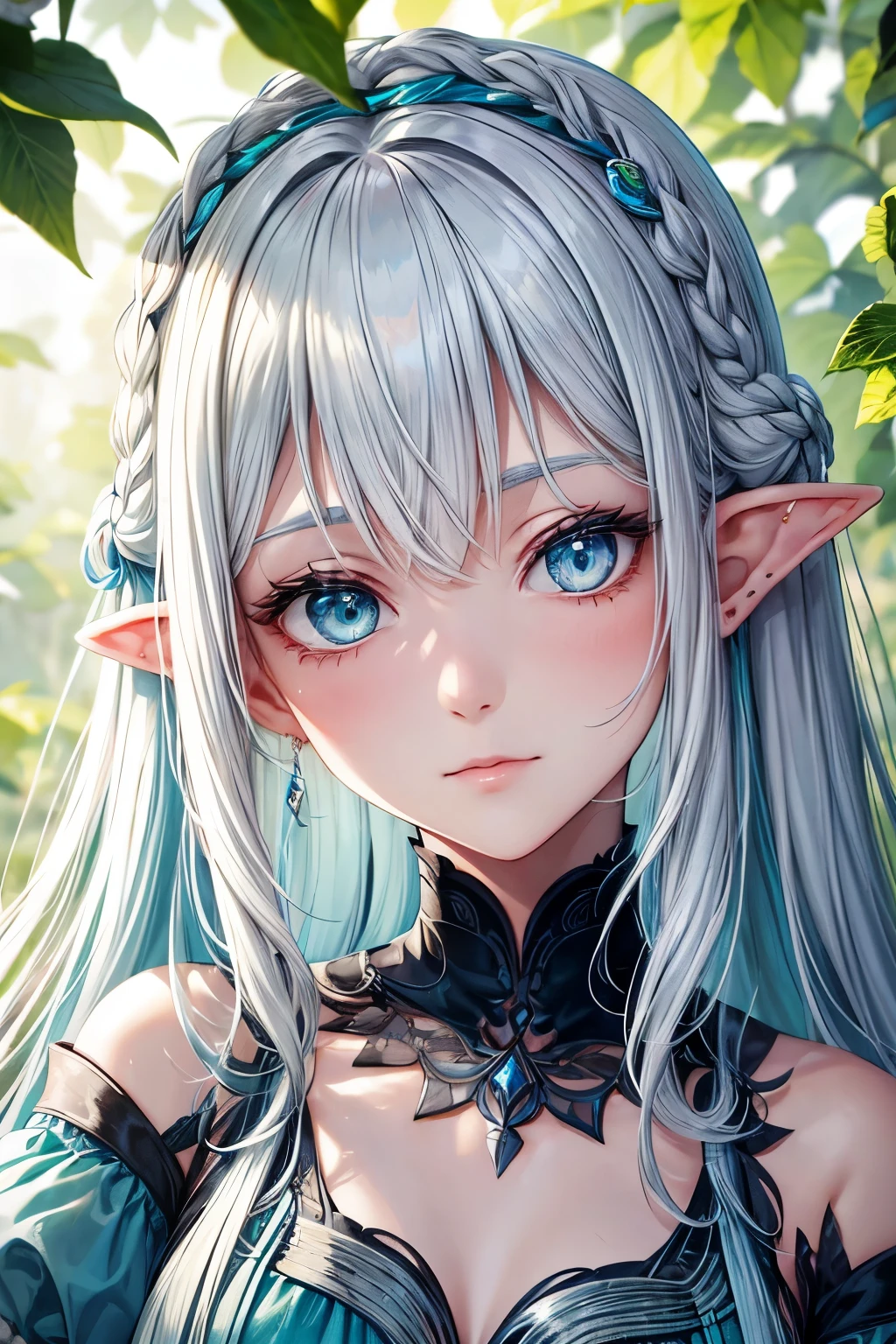 Halbnahe einer jungen Elfe mit langem, straight and silky white hair and blue streaks in her hair, Sparkling green eyes and a shy expression in a silk dress, realistisch、masterpiece quality、best qulaity、Offizielle Kunst、beauty and aesthetics