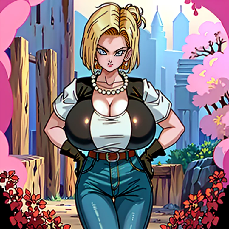 (masterpiece, Best Quality, High resolution, 32K), (((1womanl, Solo))), (ANDROID18_DBZ, JEWELRY, NECKLACE, PEARL NECKLACE, EARRINGS, GLOVES, BELT, PANTS, DENIM, JEANS, PERFECT EYES, BLUE EYES), (ultra huge breasts:1.2, ultra huge tits:1.2, ultra huge boobs:1.2, ultra huge cleavage:1.2, Perfect slim body:1.3), (In an abandoned hut, Shabby hut, Messy hut, Dark atmosphere:1.1), (Intricate details:1.1), (Natural Skin Texture, Hyper-Realism), (Detailed face, super detailed skin),