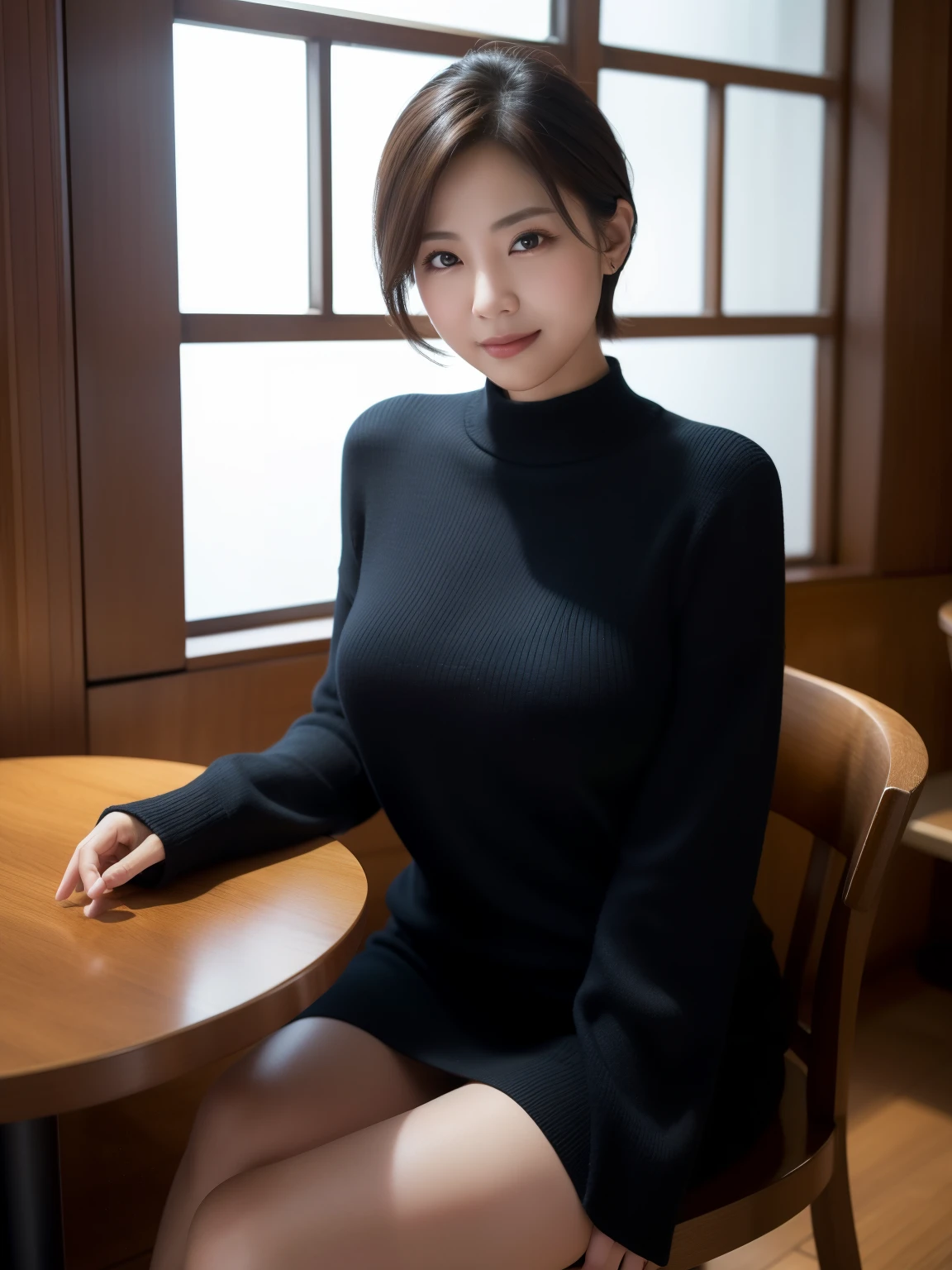 Araffe asian woman sitting at a table in a black dress - SeaArt AI