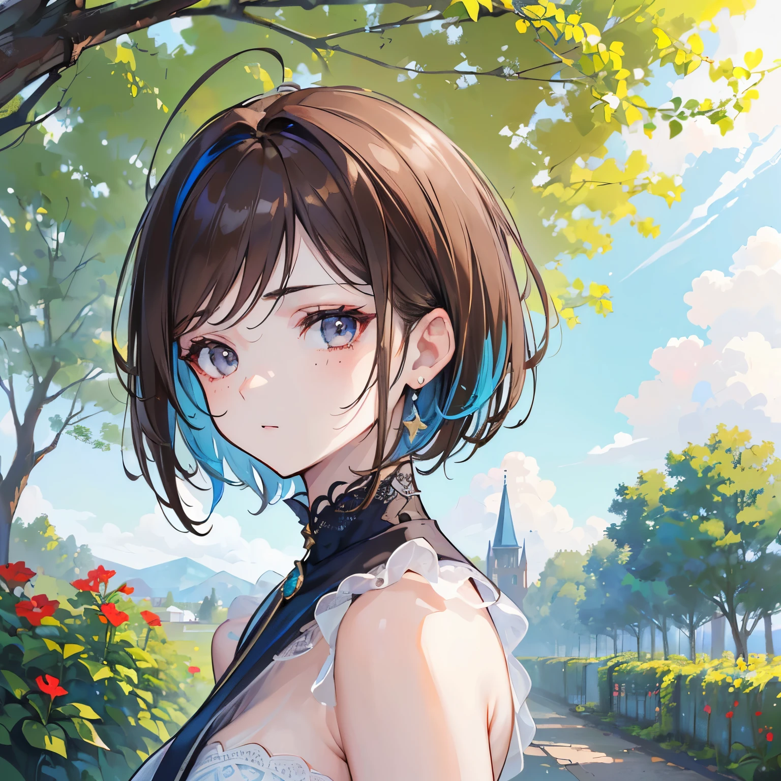 (masterpiece, best-quality, high resolution :1.3), (8k), ((27 year old woman, brown hair with blue highlights, palid skin, absolute short hair)), freckles gray eyes, garden scenery, middle breasts, face close-up, calm face