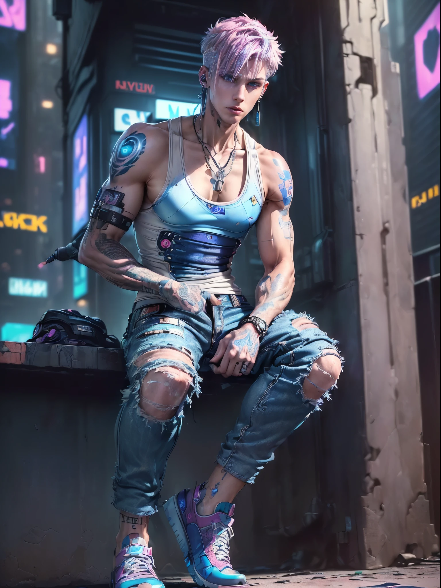 (best quality: 1.5), (Masterpiece: 1.5), (very high detailed: 1.5), (4k resolution: 1.5), 1boy, (21 years old: 1.2), (cyberpunk boy: 1.5), (beautiful white boy: 1.6), (tall boy: 1.3), (seductive blue eyes: 1.4), (very short pink hair: 1.4), (colorful tattoos on hands and neck: 1.4), (cyberpunk city: 1.4), (wear tank top men: 1.4), (wear blue jeans: 1.4), (cyberpunk blue shoes: 1.2), (earrings: 1.4), (wide lips: 1.5), (perfect photography: 1.4)