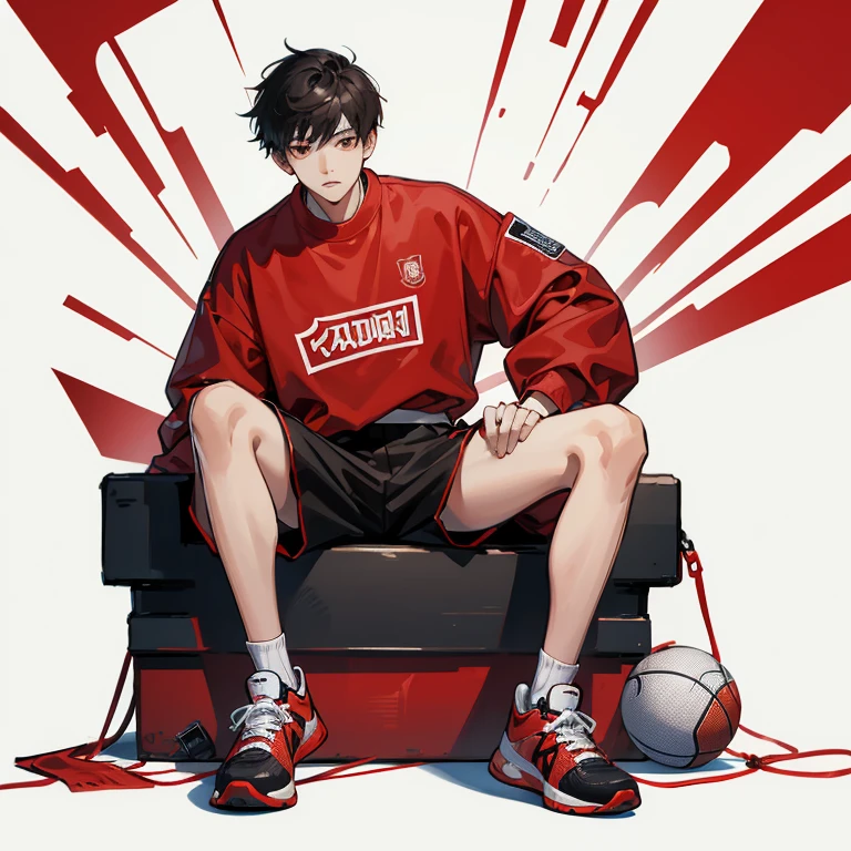 1 Korean young man,20yr old,Hair is medium length,Red sweatshirt,Black shorts,Red and white high top basketball shoes,sit and look down