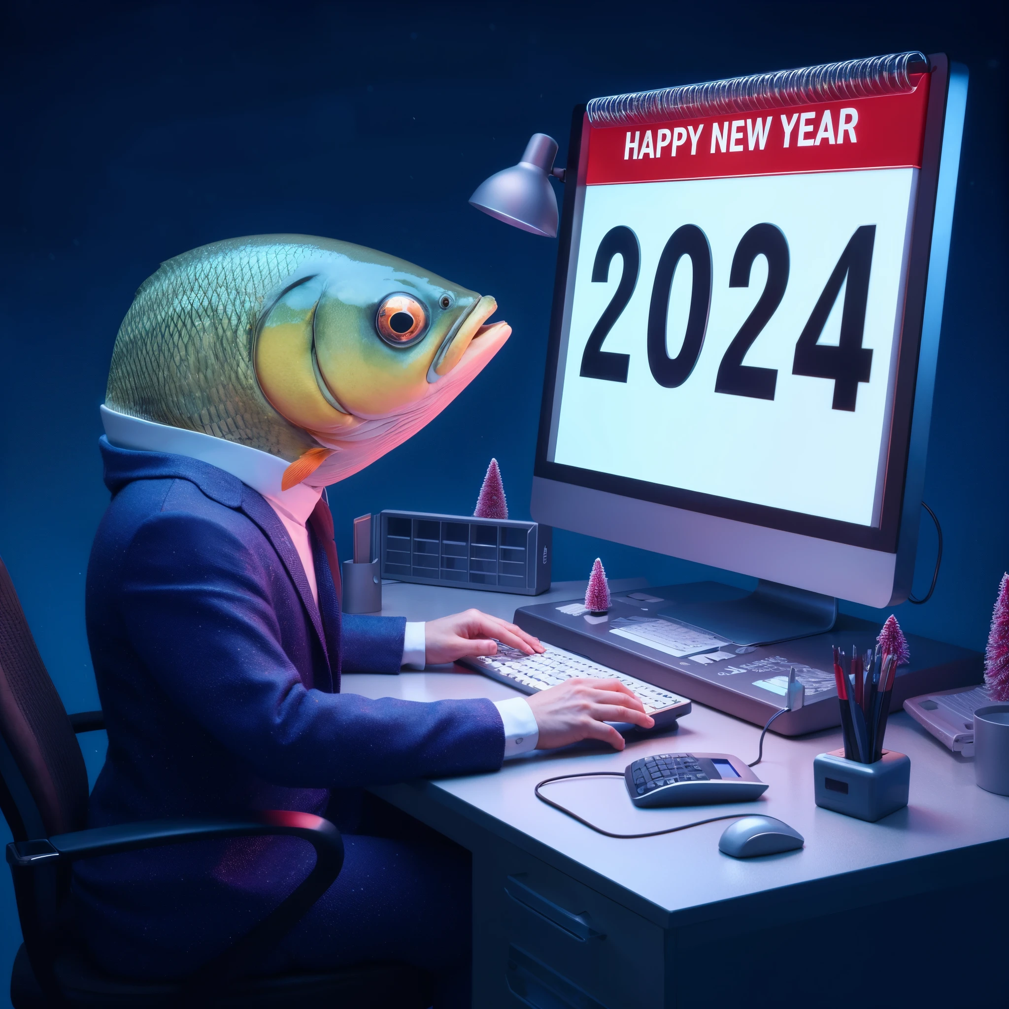 Dressed up fish - bank employee sitting at a computer terminal, large date on the calendar: '2024', festive New Year setting, anatomically correct, full frame, studio lighting, photorealistic, octane render, smooth, sharp focus, super quality, stunning New Year illustration