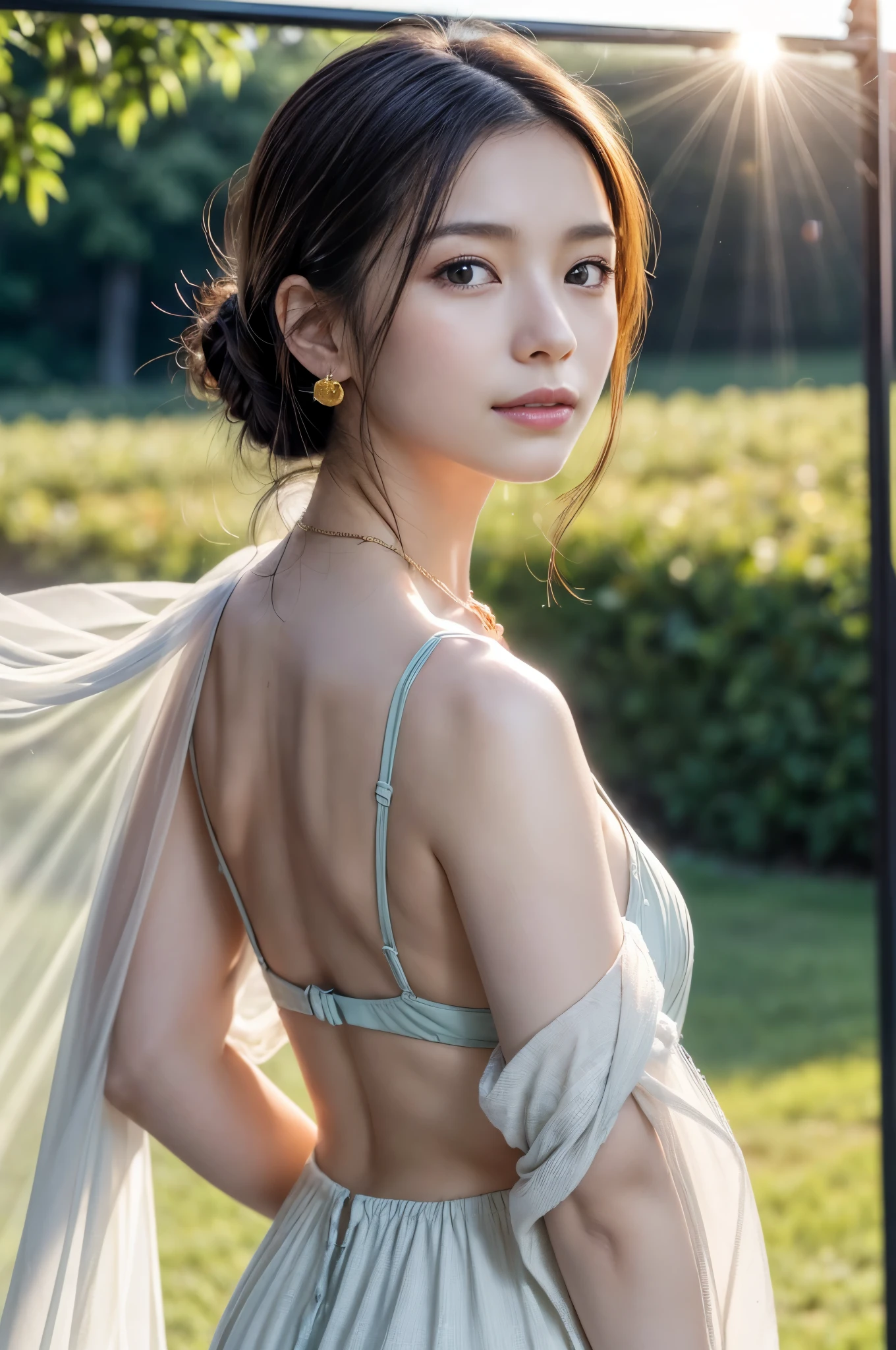 (Photoreal Stick:1.5, masutepiece:1.5, 8K), (top-quality, masterpiece, 超A high resolution), (Face Sharp Focus:1.45), Professional camera work:1.25, Highly detailed skin and facial texture:1.3, Grow Light Effect, The ultra-detailliert:1.3, 1girl in, Fair skin, (Sense of clarity:1.5), Extremely beautiful face:1.3, Sense of clarityを感じる目:0.9, looking distantly, Enraptured look:1.0, i love you completely:0.8, slightly open mouth:0.4, Sense of clarityを感じる口当たり:0.7, 二重まぶた, Dark brown medium hair, necklace and earrings, looking at viewert, (sunrises, Light sunlight:1.3, sunlight shining from behind:1.3, Pale sunlight spreads across the screen:1.5)