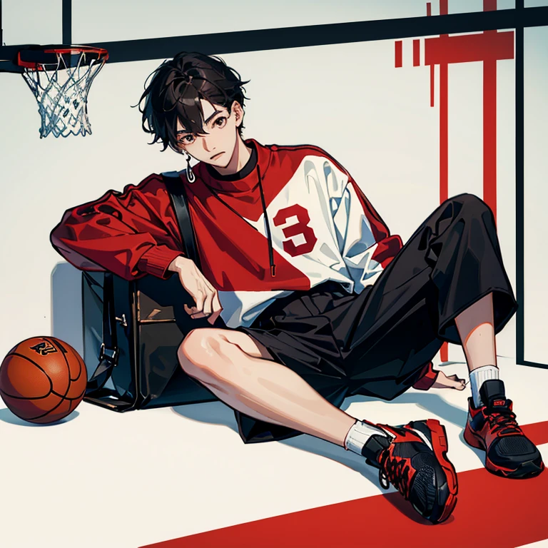 1 Korean young man，20yr old，Hair is medium length，Red sweatshirt，Black  shorts，Red and white high top basketball shoes，sit and look down，lift the foot