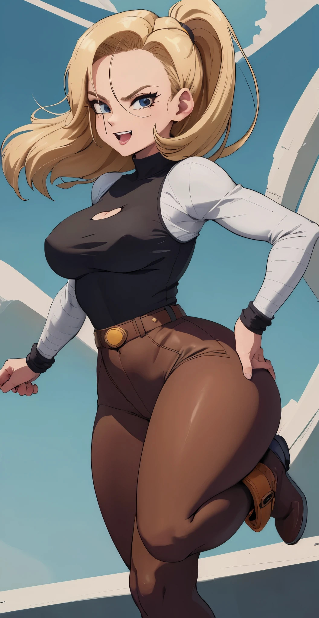 ((master part,best quality)), Absurdo, android_18_..DB, saia jeans, knee tights, sozinho, sorridente, Olhando para o Viewer, cowboy shot, cinematic composition, dynamic pose, corpo inteiro, BOTA MARROM, perfil lateral, mostrando o lado da perna, mostrando lateral, de lateral, standing on her feet, corpo inteiro,