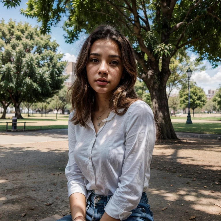 1 light-skinned 23-year-old woman, taking a selfie in the park under a tree wearing blouse , con el cielo nublado