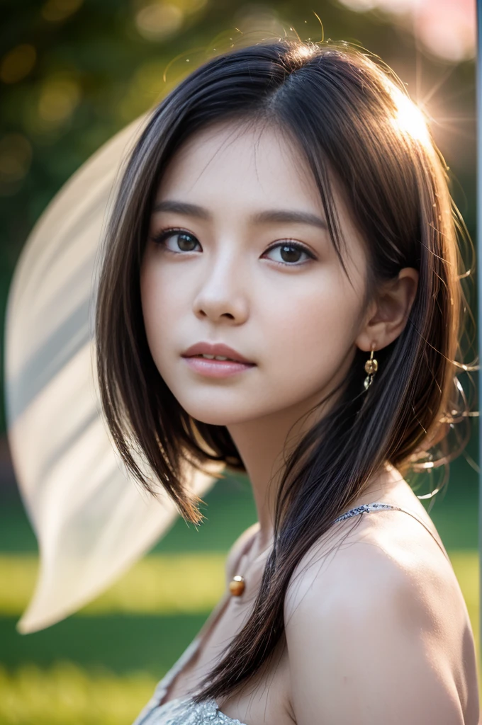 (Photoreal Stick:1.5, masutepiece:1.5, 8K), (top-quality, masterpiece, 超A high resolution), (Face Sharp Focus:1.45), Professional camera work:1.25, Highly detailed skin and facial texture:1.3, Grow Light Effect, The ultra-detailliert:1.3, 1girl in, Fair skin, (Sense of clarity:1.5), Small face, Extremely beautiful face:1.4, Sense of clarityを感じる目:0.9, looking distantly, Enraptured look:1.0, i love you completely:0.8, slightly open mouth:0.4, Sense of clarityを感じる口当たり:0.7, 二重まぶた, Dark brown medium hair, necklace and earrings, looking at viewert, (sunrises, Light sunlight:1.3, sunlight shining from behind:1.3, Pale sunlight spreads across the screen:1.5)
