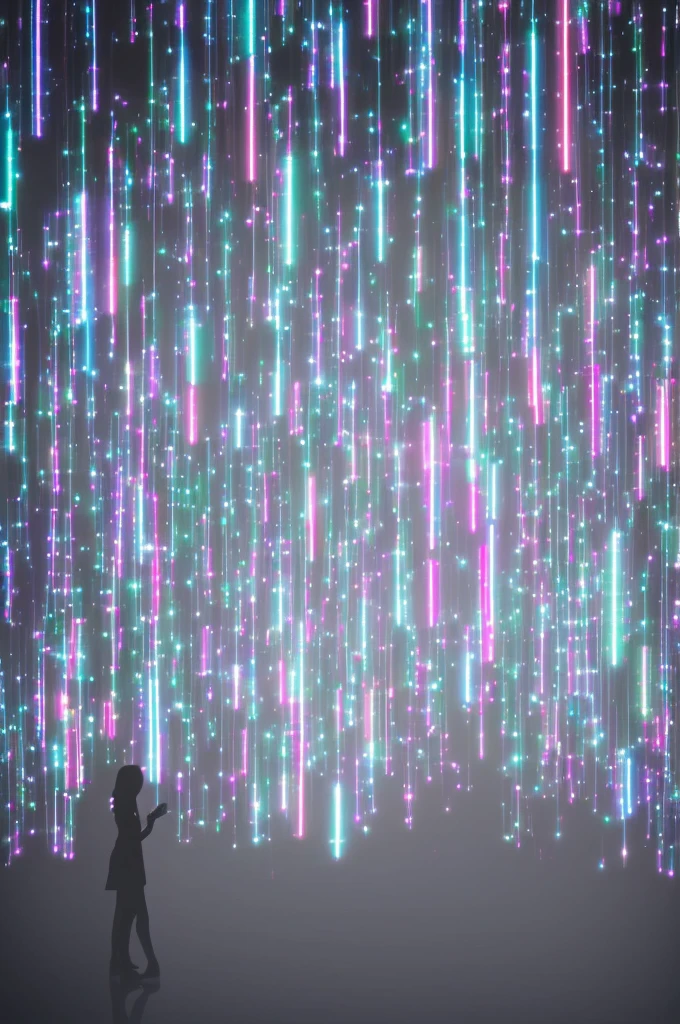 ((Ultra Long Exposure Photography)) high quality, highly detailed, Colorful beautiful woman silhouette neon dots, beautiful silhouette, Electronic devices such as a very light gray PC in the background, high detailed,