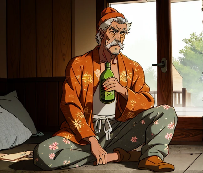 an elderly Caucasian man, with a slim build. He has messy grey hair, grey eyebrows, a long-pointed nose, and a large chin. He has a small tuft of grey hair in the middle of his chest, and stubble on his face.
attire consists of a red beanie, a brown and orange robe with a pink flower pattern, dark green pants with yellow streaks on both sides, and brown pajama boots. Holds a bottle of sake.
