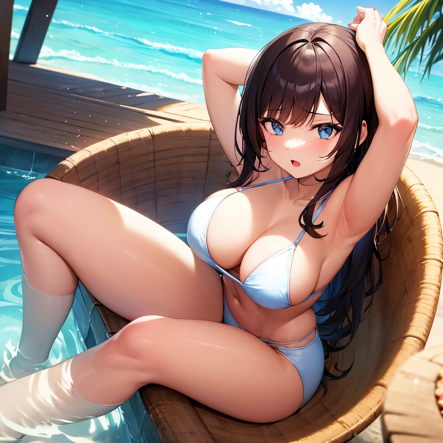 21 years old girl, wavy long hair, dark brown hair colour, blunt bangs, blue eyes, Anime style, Bikini, beach, sunshine, water, having fun, jumping