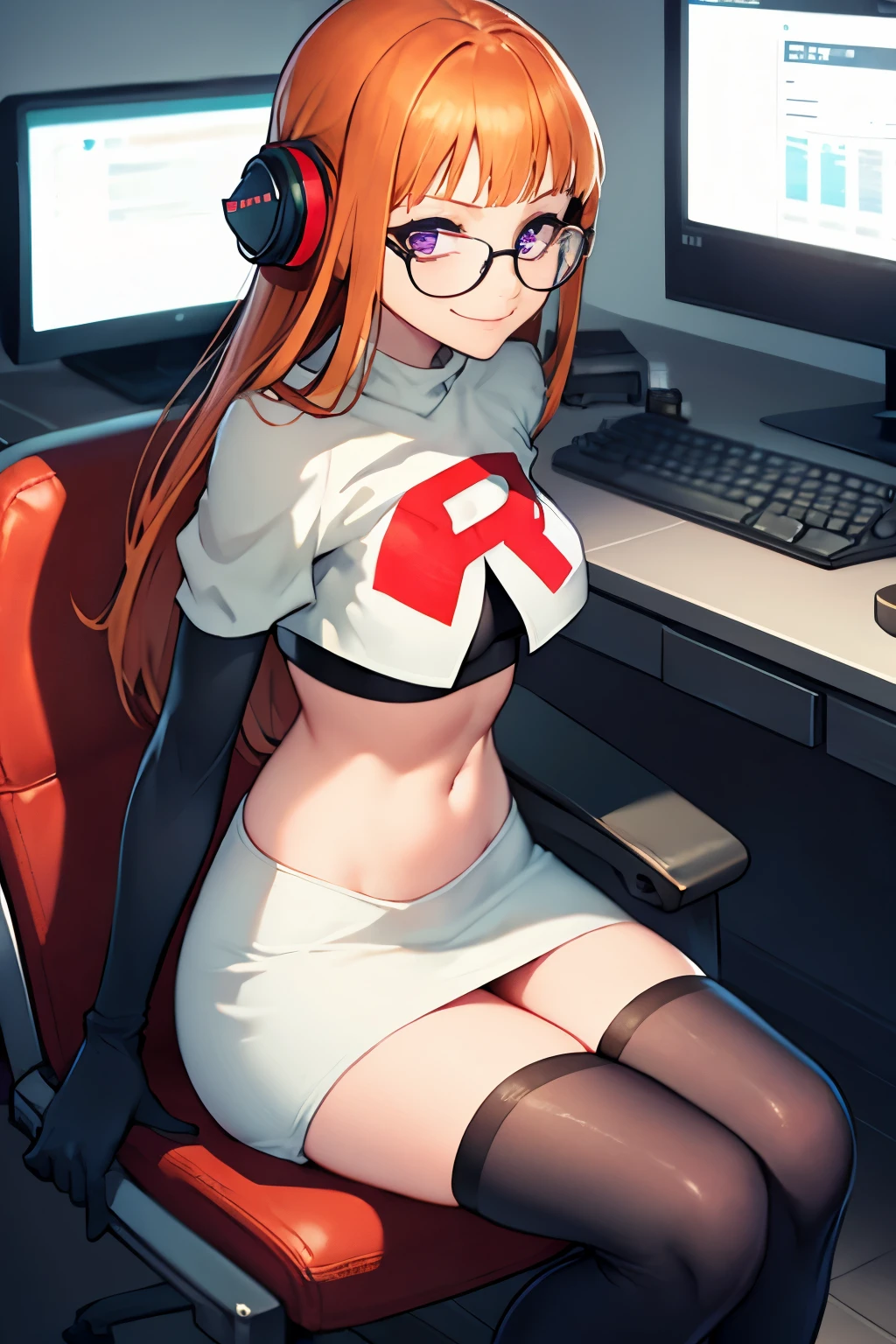 futaba sakura, orange hair, long hair, purple eyes, glasses, team rocket, team rocket uniform, red letter R, white skirt, white crop top, black thigh-highs boots black elbow gloves, evil smile, sitting in front of a computer, sitting on computer chair, typing on the computer keyboard, looking at the computer screen, looking away from viewer, hacking computer