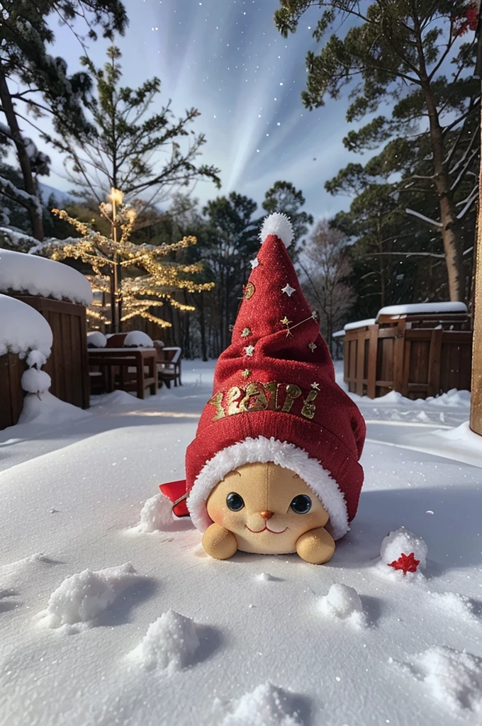 draw a New Year card, baby dragon in Santa&#39;s New Year&#39;s hat, gifts around the dragon, there is a Christmas tree nearby , in the background there is a forest in the snow and a starry sky