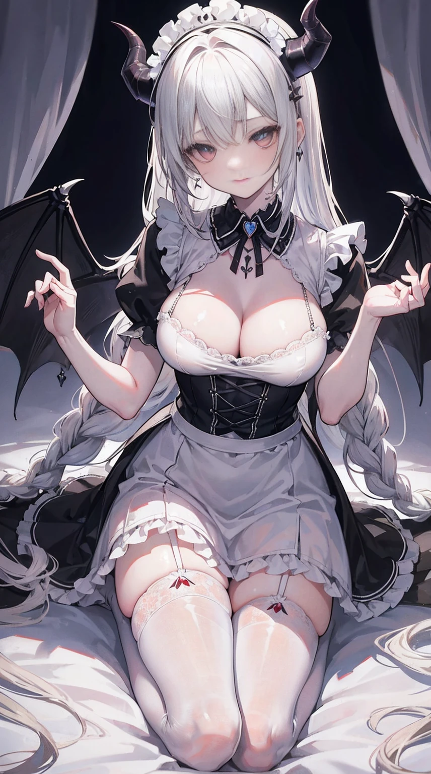 Striped hair,white color hair, Twist braids, Mismatched pupils, Chiaroscuro, backlit lighting, Gothic art, 16 K, Best Quality, Anatomically correct, high details,maidennurse,(Colossal tits),(white stockings),red pupils,Thongs,(ssmile),lanyard,srestrained,leg loops,chains,((demonic horns)),((maidennurse)),Heart-shaped openwork,((thigh strangulation)),(シルクのグラブラックと白のmaid clothes,(maid clothes)
