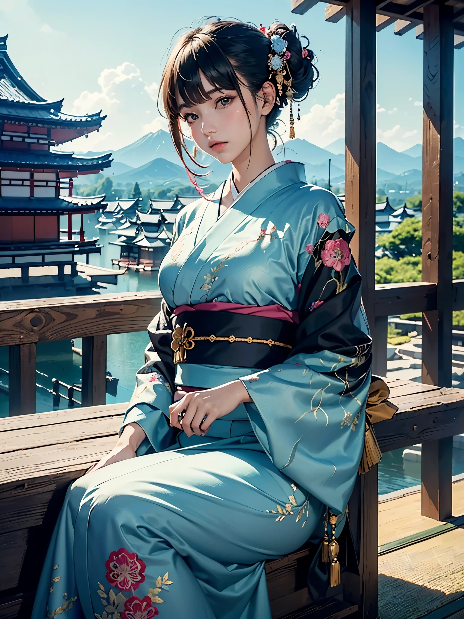 (masterpiece, top quality, best quality, official art, beautiful and aesthetic:1.2), (1girl),elaborate costume(Luxurious Japan kimono(Colorful kimono(detailed embroidery))), extreme detailed,(Fractal art),colorful,highest detailed,昼間のWestern castle in the background,having a tea party,