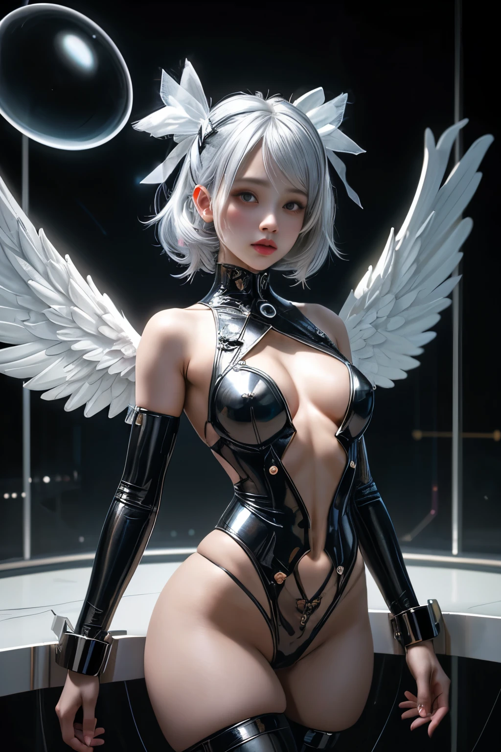 1girl, woman, (inventive Liminal Space:1.3) cute angel, [:revealing, sexy costume design,:0.2], bombshell hair, neon silver hair, hair ribbon, hourglass figure, caucasian, silver wings
