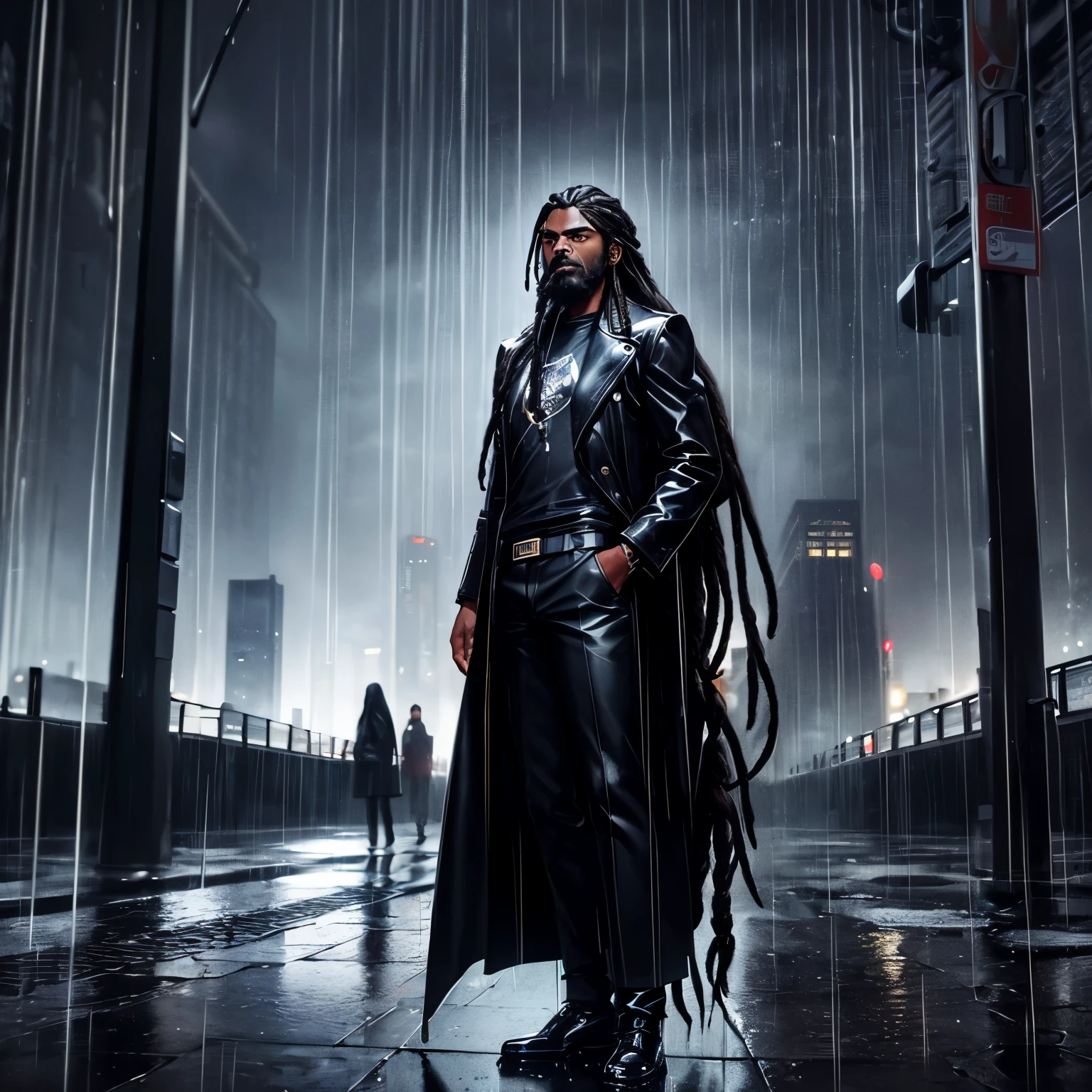 1man, (((dark skin))), stoic, serious, ((long black hair)), ((dreadlocks)), beard, black leather coat, black trousers, black T-shirt, black shoes, in a lit-up city at night, (((rain)), standing