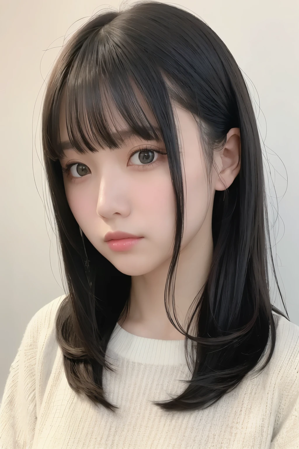 masterpiece, best quality,1girl, solo, black hair, realistic, long hair, sweater, bangs, closed mouth, upper body, hime cut, white background, potrait, simple background, bare shoulders