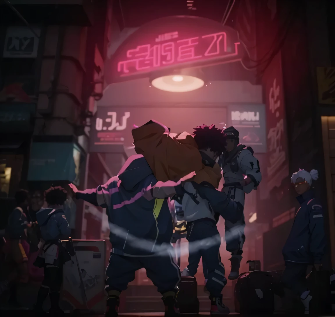 Best quality, epic shadows, 3d render, cartoon of a group of people before night club neon lights, ony guys with yellow jacket flying in middle of image, screenshot from the anime film, anime movie screenshot, afrofuturism anime
