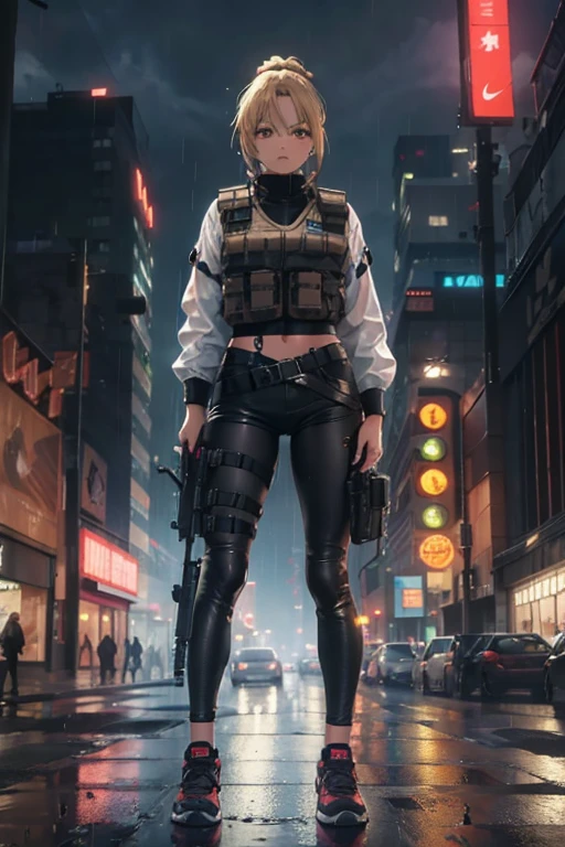 1girl, Brown skin, blonde ponytail, brown eyes, wearing a bulletproof vest, black long shorts, day time, nike shoes, the city street, cyberpunk, The ground was wet with rain, fall, during night, Neon signs, Beautiful, absurderes, A high resolution, ultrasharp, 8K, Masterpiece, pretty face, big lips, looking at viewer, holding a submachine gun