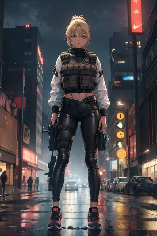 1girl, Brown skin, blonde ponytail, brown eyes, wearing a bulletproof vest, black long shorts, day time, nike shoes, the city street, cyberpunk, The ground was wet with rain, fall, during night, Neon signs, Beautiful, absurderes, A high resolution, ultrasharp, 8K, Masterpiece, pretty face, big lips, looking at viewer, holding a submachine gun