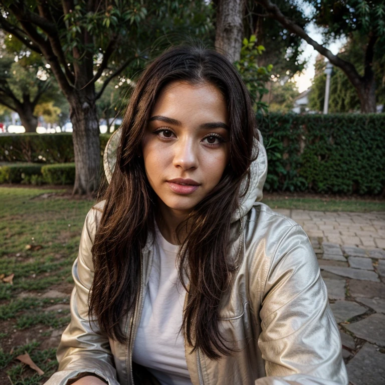 1 light-skinned 23-year-old woman, taking a selfie, de espaldas, under a tree wearing a coat, de noche lluviosa