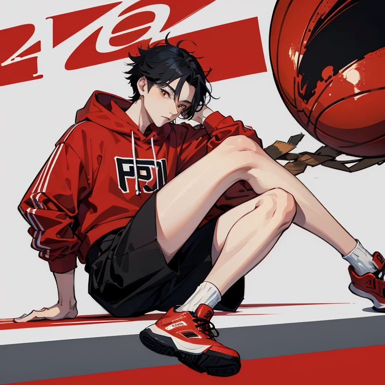 1 Korean young man,20yr old,Hair is medium length,Red sweatshirt,Black shorts,Red and white high top basketball shoes,sitted,Look down,lift the foot,badass anime4k