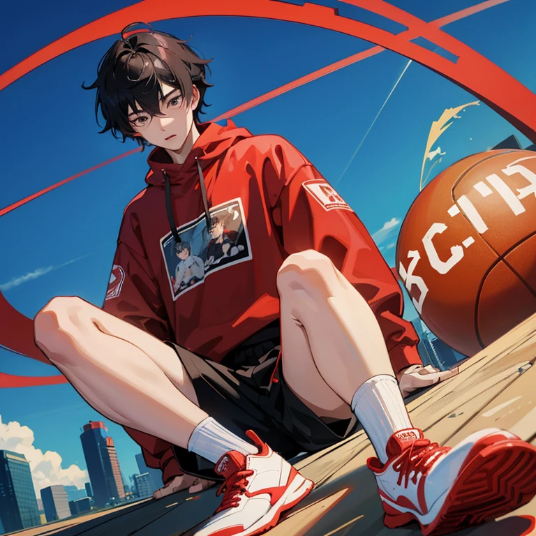 1 Korean young man,20yr old,Hair is medium length,Red sweatshirt,Black shorts,Red and white high top basketball shoes,sitted,Look down,lift the foot,badass anime4k