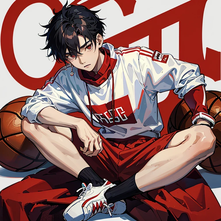 1 Korean young man,20yr old,Hair is medium length,Red sweatshirt,Black shorts,Red and white high top basketball shoes,sitted,Look down,lift the foot,badass anime4k