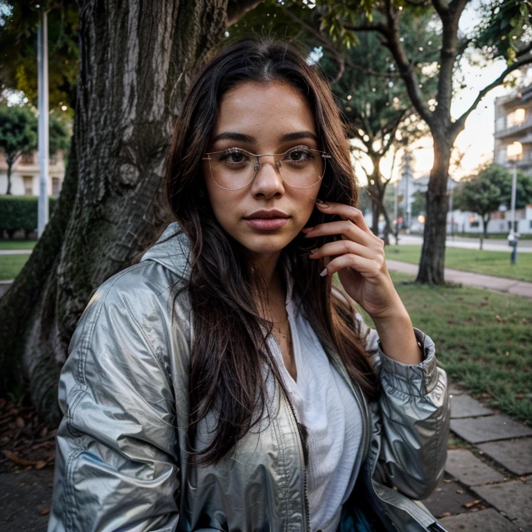 1 light-skinned 23-year-old woman, taking a selfie, under a tree wearing a coat, de noche lluviosa, con lentes oscuros