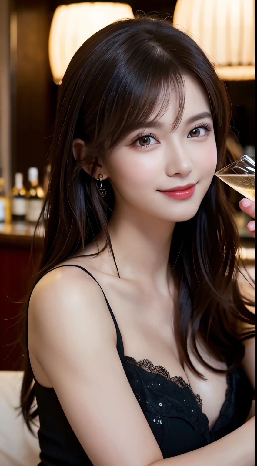 wide angle shot of 1girl at a LUXURY HOTEL BAR, Extremely beautiful, amazing face and eyes, extremely detailed beautiful face, SLIGHTLY LONG CHIN), (Ultra realistic), (highly detailed eyes, highly detailed hair, highly detailed face, highly detailed plump lip, petite and curvy, posing slightly, upper and lower body, SWEET SMILE, (best quality:1.4), Raw photo, (realistic, photo-realistic:1.37), professional photography, cinematic light IN LOW LIGHT SETTING, long DARK HAIR, WEARING A CLASSY BLACK DRESS, HOLDING A CHAMPAGNE GLASS LOOKING AT THE GLASS