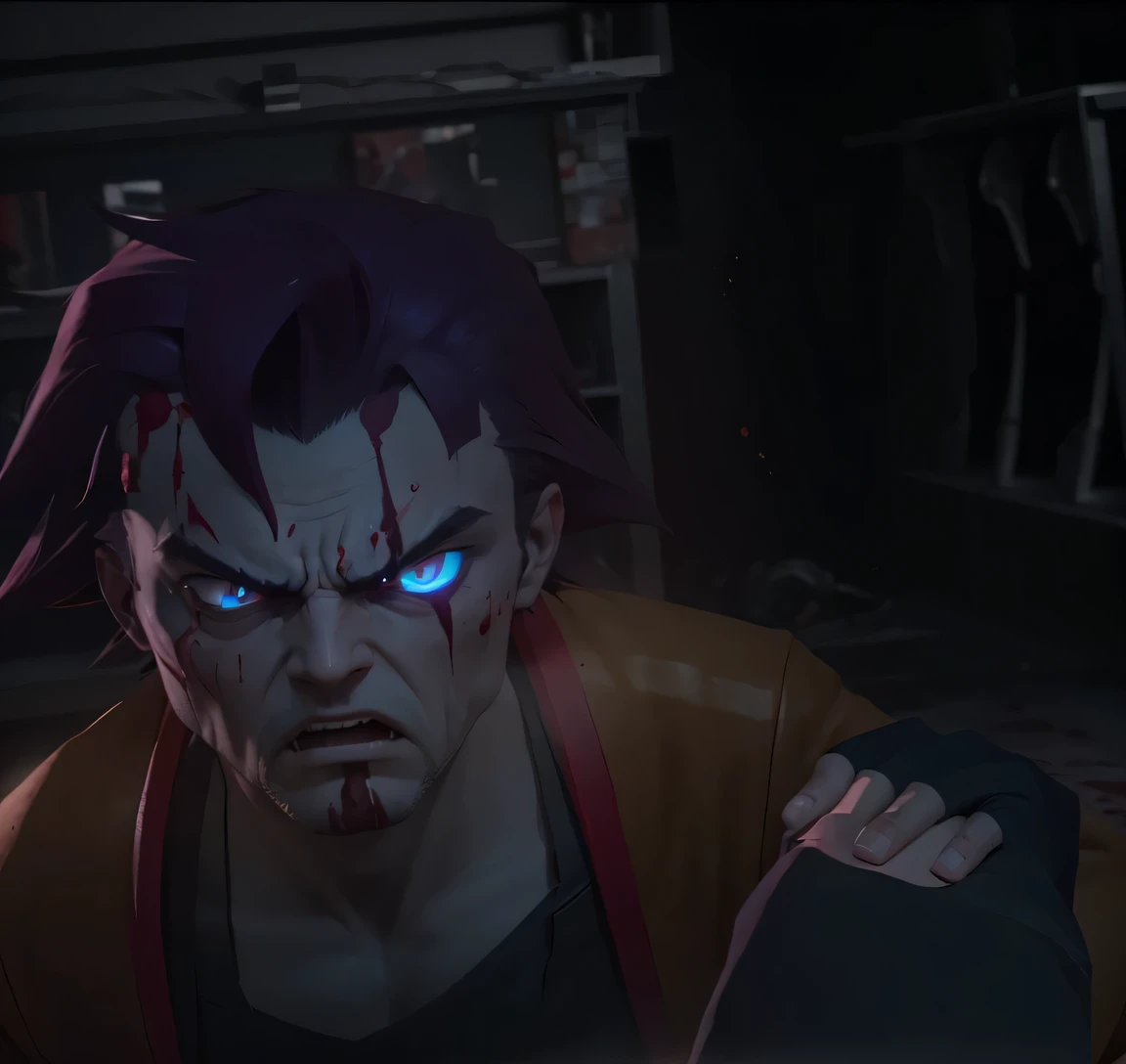 Best quality, epic shadows, 3d render angry guy with ping hair, blood on his face