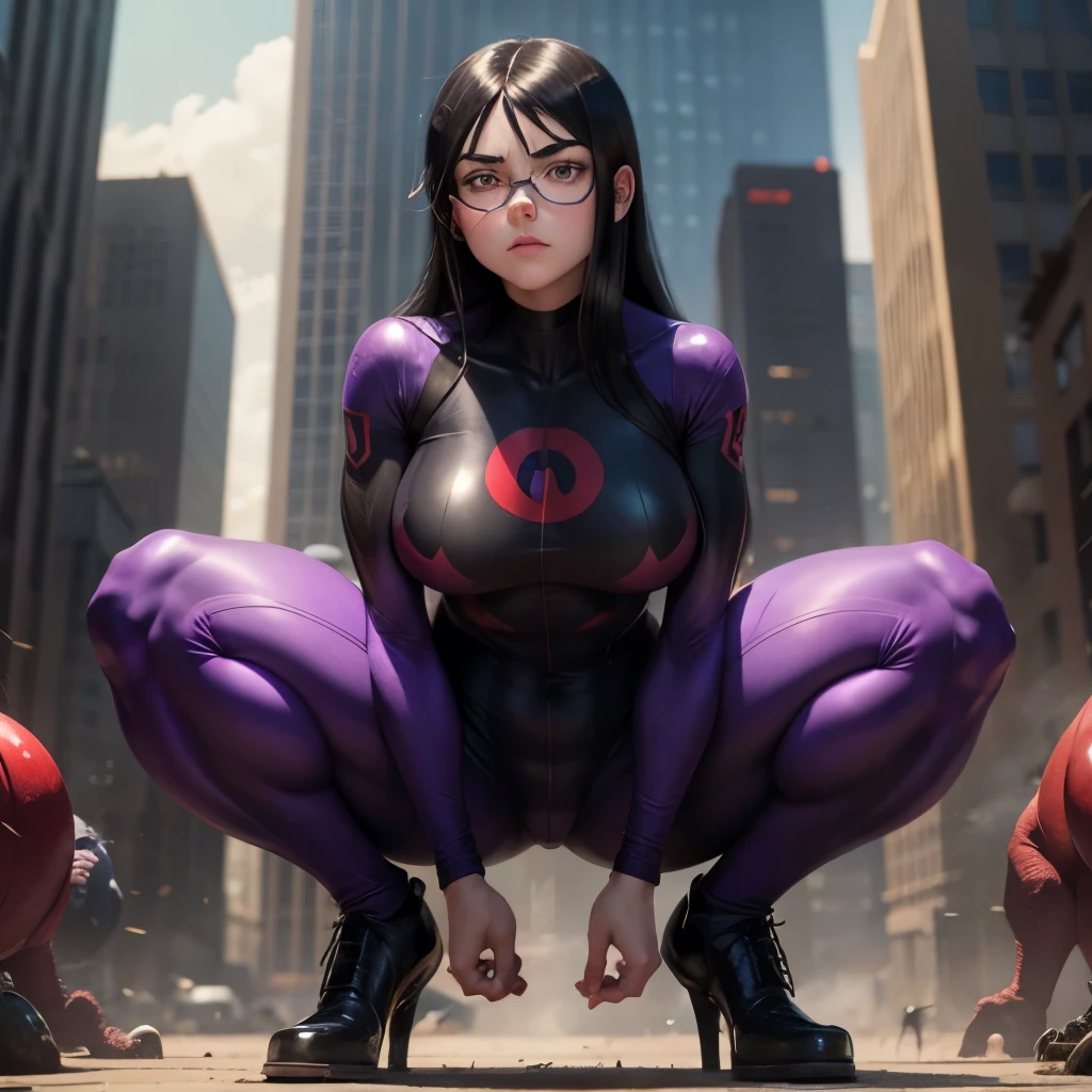 Violet parr, wearing a tight incredible suit, squat, get surrounded by huge monster,