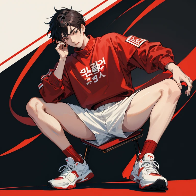 1 Korean young man,20yr old,Hair is medium length,Red sweatshirt,Black shorts,Red and white high top basketball shoes,sitted,Look down,lift the foot,badass anime4k,handsome anime pose