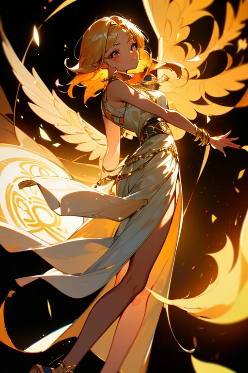 (Masterpiece: 1.5, Best quality, High resolution: 1.3, Super resolution, Super detailed, Ultra detailed: 1.3, Rich background: 1.2, 1 girl)) tanned skin + blonde hair with reddish tips + golden eyes + long lower eyelashes + short messy hair + small bangs + medium chest + wings of fire on her back (greece inspired outfit, ancient greece inspired dress, long intricate and detailed sandals, short, intricate jewelry, bracelets, light on the thigh) ((smile animated, pose rising from the ground, golden rings at his side, perspective, fire feathers scattered)) (colors used: gold, white, orange, red)