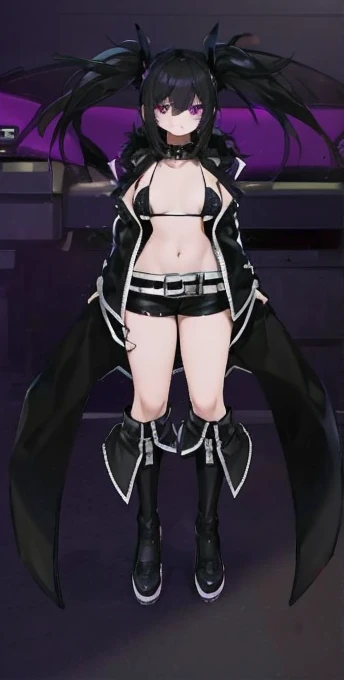 purple eyes, coat, collar, flat chest, jacket, long hair, shorts, black bikini top, short skirt, twintails, uneven twintails, purple fire on eye,