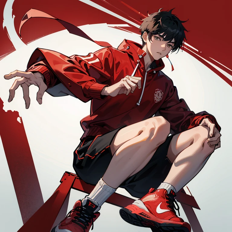 1 Korean young man，20yr old，Hair is medium length，Red sweatshirt，Black  shorts，Red and white high top basketball shoes，sitted，Look down，lift the foot，badass anime4k，handsome anime pose，White Nike socks