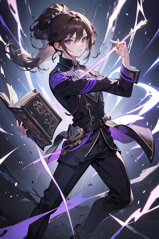 Masterpiece, 1boy, brown hair, black and purple suit, full body, sword, magic book on hand, best quality, high res, laughing, ponytail, short hair, cute face, cute hair, professional, epic, black electricity, perfect anatomy, scars,