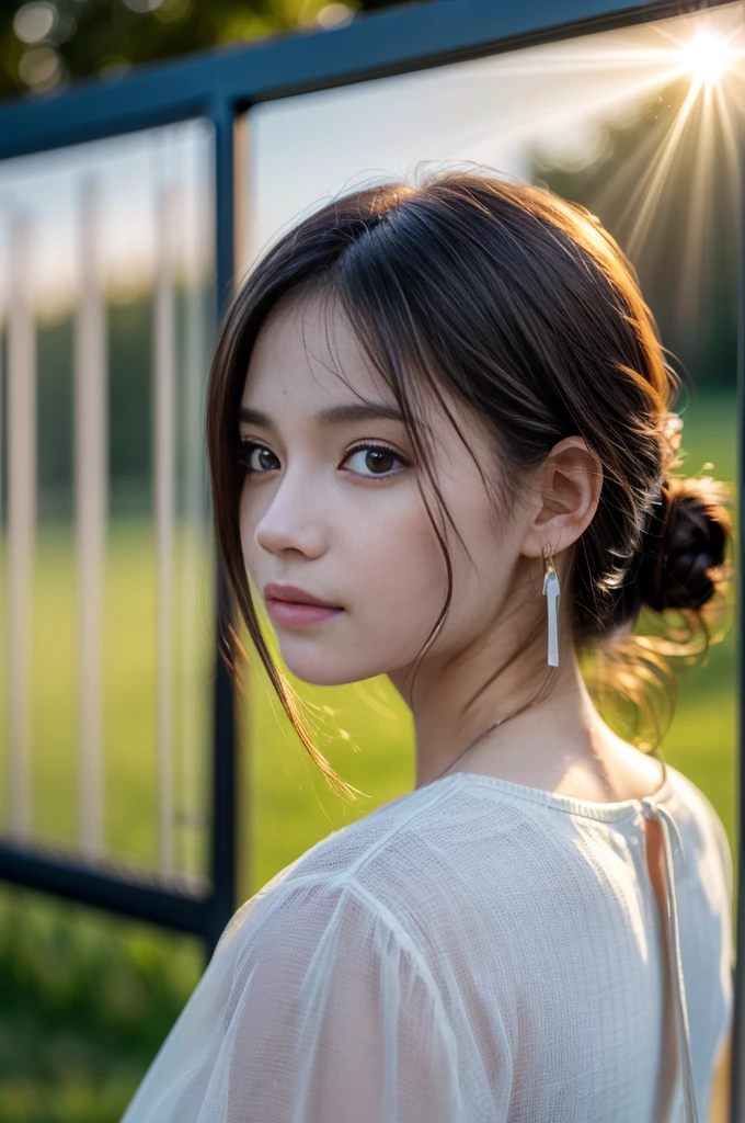 (Photoreal Stick:1.5, masutepiece:1.5, 8K), (top-quality, ​masterpiece, 超A high resolution), (Face Sharp Focus:1.45), Professional camera work:1.25, Highly detailed skin and facial texture:1.3, Grow Light Effect, The ultra-detailliert:1.3, 1girl in, Fair skin, (Sense of clarity:1.5), Small face, Extremely beautiful face:1.4, Sense of clarityを感じる目:0.9, looking distantly, Enraptured look:1.0, i love you completely:0.8, slightly open mouth:0.4, Sense of clarityを感じる口当たり:0.7, 二重まぶた, Dark brown medium hair, necklace and earrings, looking at viewert, (sunrises, Light sunlight:1.3, sunlight shining from behind:1.3, Pale sunlight spreads across the screen:1.5)