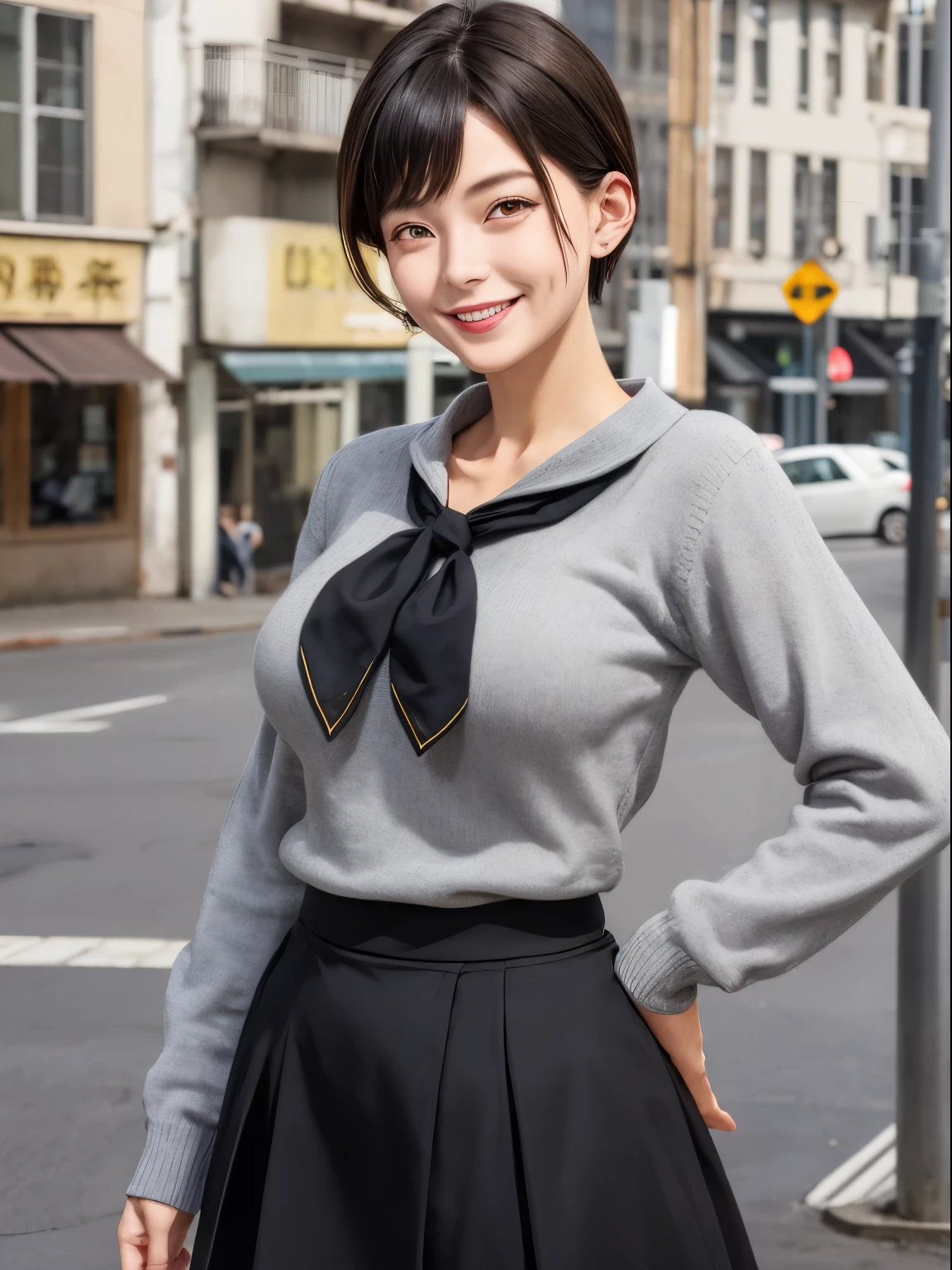 masutepiece, Best Quality, hight resolution, nffsw, Short hair, hair clips, Large breasts, grey sweater, black sailor collar, Yellow neckerchief, Black skirt, Standing, Cowboy Shot, Outdoors、A smile、