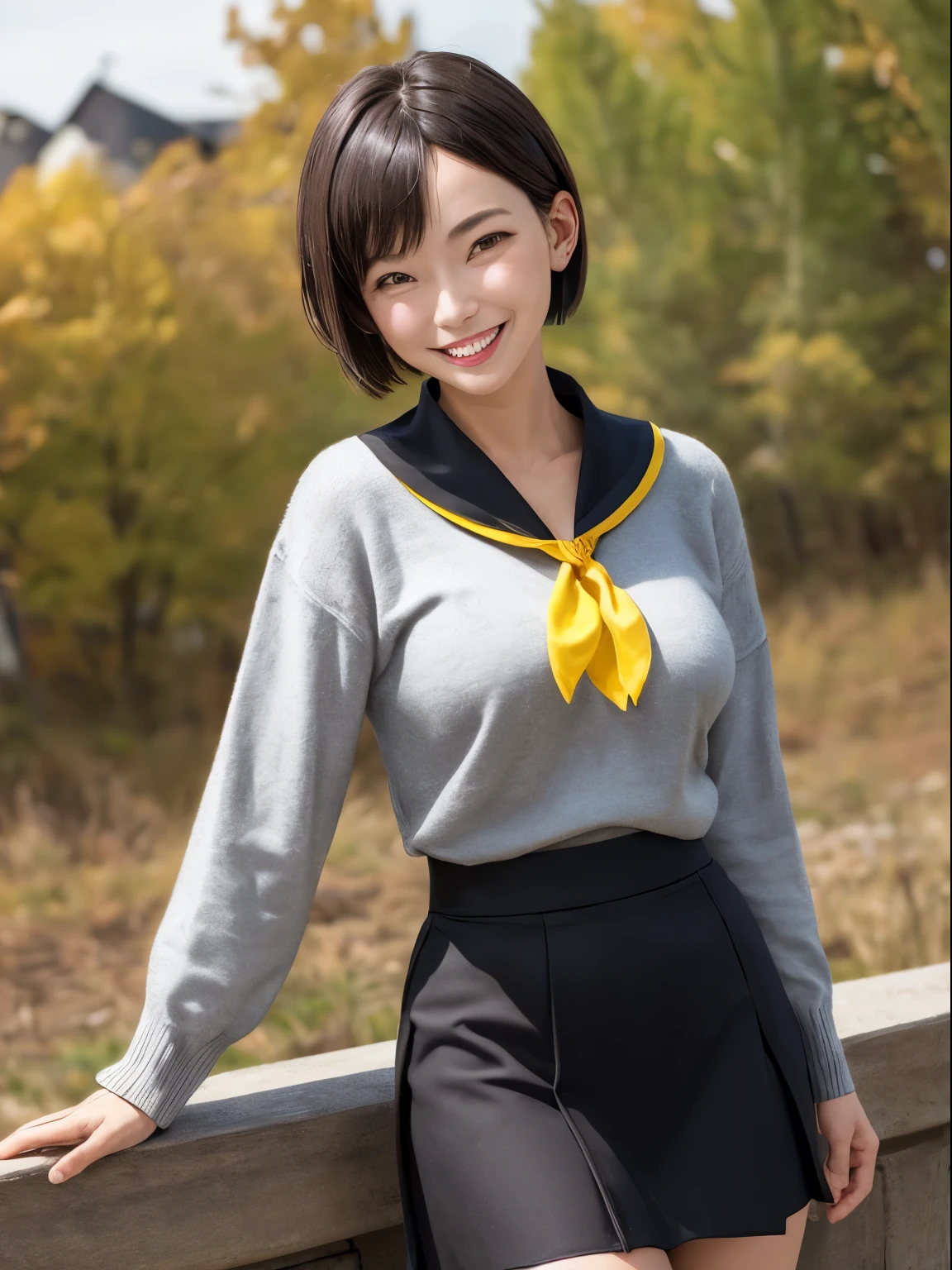 masutepiece, Best Quality, hight resolution, nffsw, Short hair, hair clips, Large breasts, grey sweater, black sailor collar, Yellow neckerchief, Black skirt, Standing, Cowboy Shot, Outdoors、A smile、