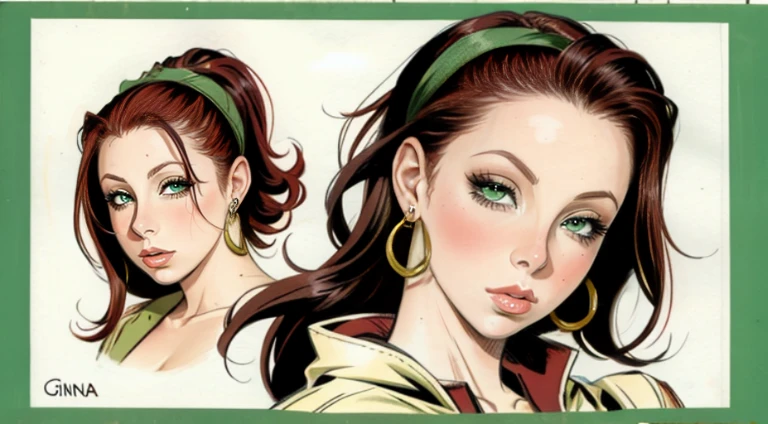 Gianna Michaels, Female original character reference sheet adoptable, redhead, green eyes,