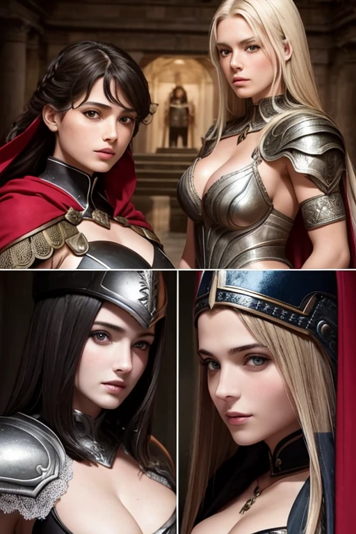 three sisters of different ages, french womens,detailed face perfect face, detailed face, sexy, lesbians, warriors roman, using sexy armor with cape full body