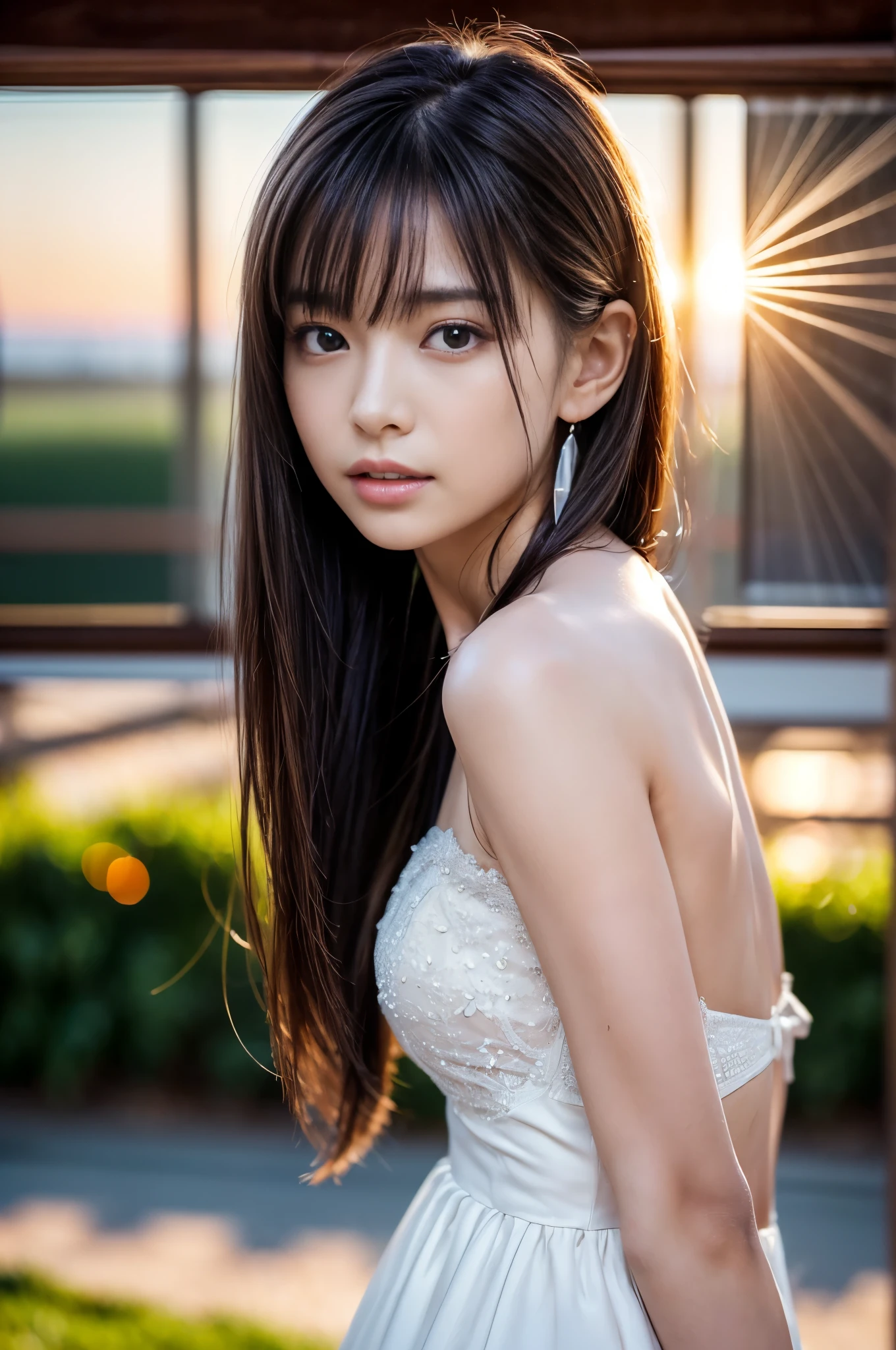 (Photoreal Stick:1.5, masutepiece:1.5, 8K), (top-quality, masterpiece, 超A high resolution), (Face Sharp Focus:1.45), Professional camera work:1.25, Highly detailed skin and facial texture:1.3, Grow Light Effect, The ultra-detailliert:1.3, 1girl in, Fair skin, (Sense of clarity:1.5), Small face, Extremely beautiful face:1.4, Sense of clarityを感じる目:0.9, looking distantly, Enraptured look:1.0, i love you completely:0.8, slightly open mouth:0.4, Sense of clarityを感じる口当たり:0.7, 二重まぶた, Dark brown medium hair, necklace and earrings, looking at viewert, (sunrises, Light sunlight:1.3, sunlight shining from behind:1.3, Pale sunlight spreads across the screen:1.5)