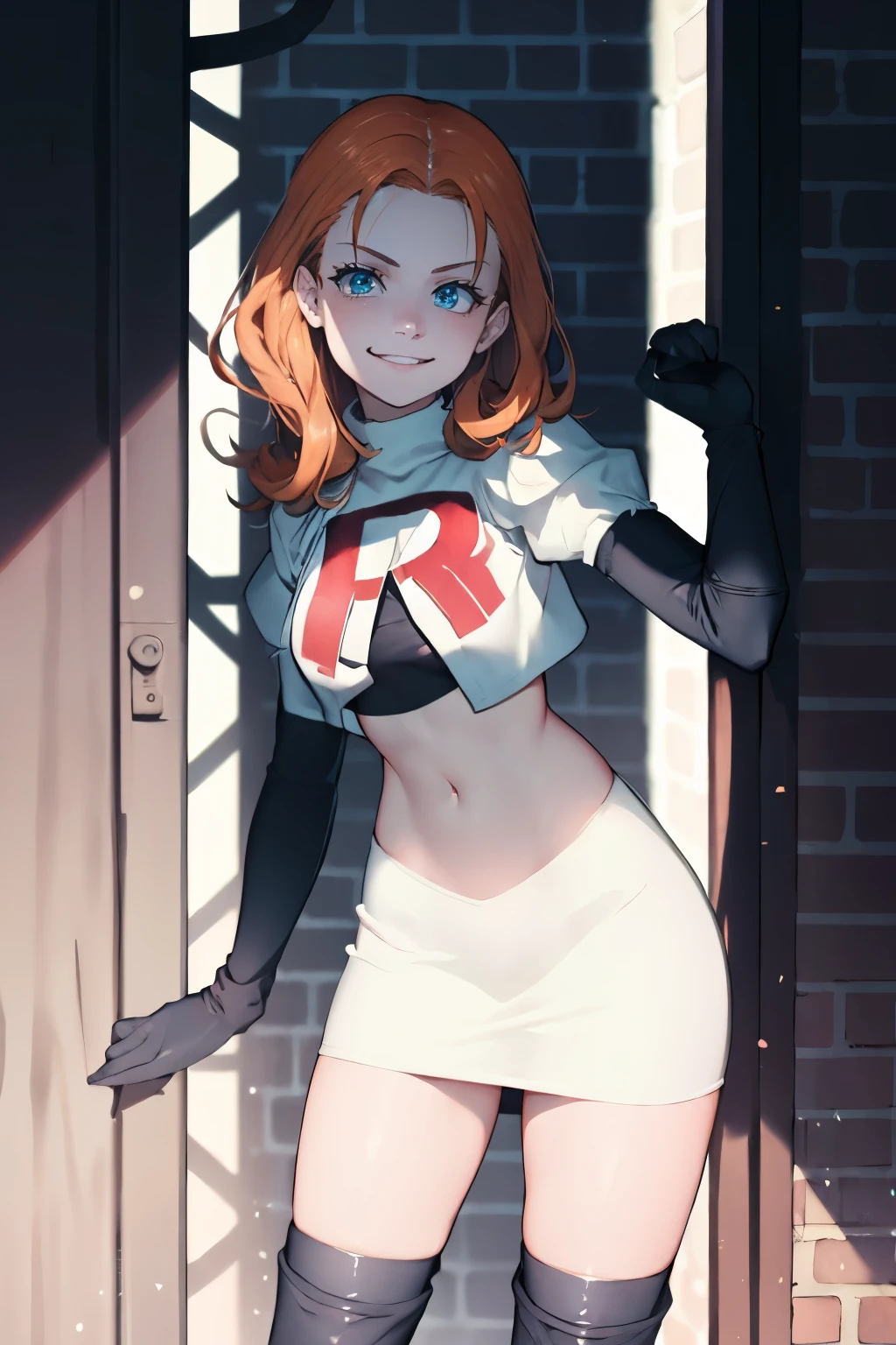 annette_war, long hair, team rocket,team rocket uniform, red letter R, white skirt,white crop top,black thigh-high boots, black elbow gloves , looking at viewer, evil smile