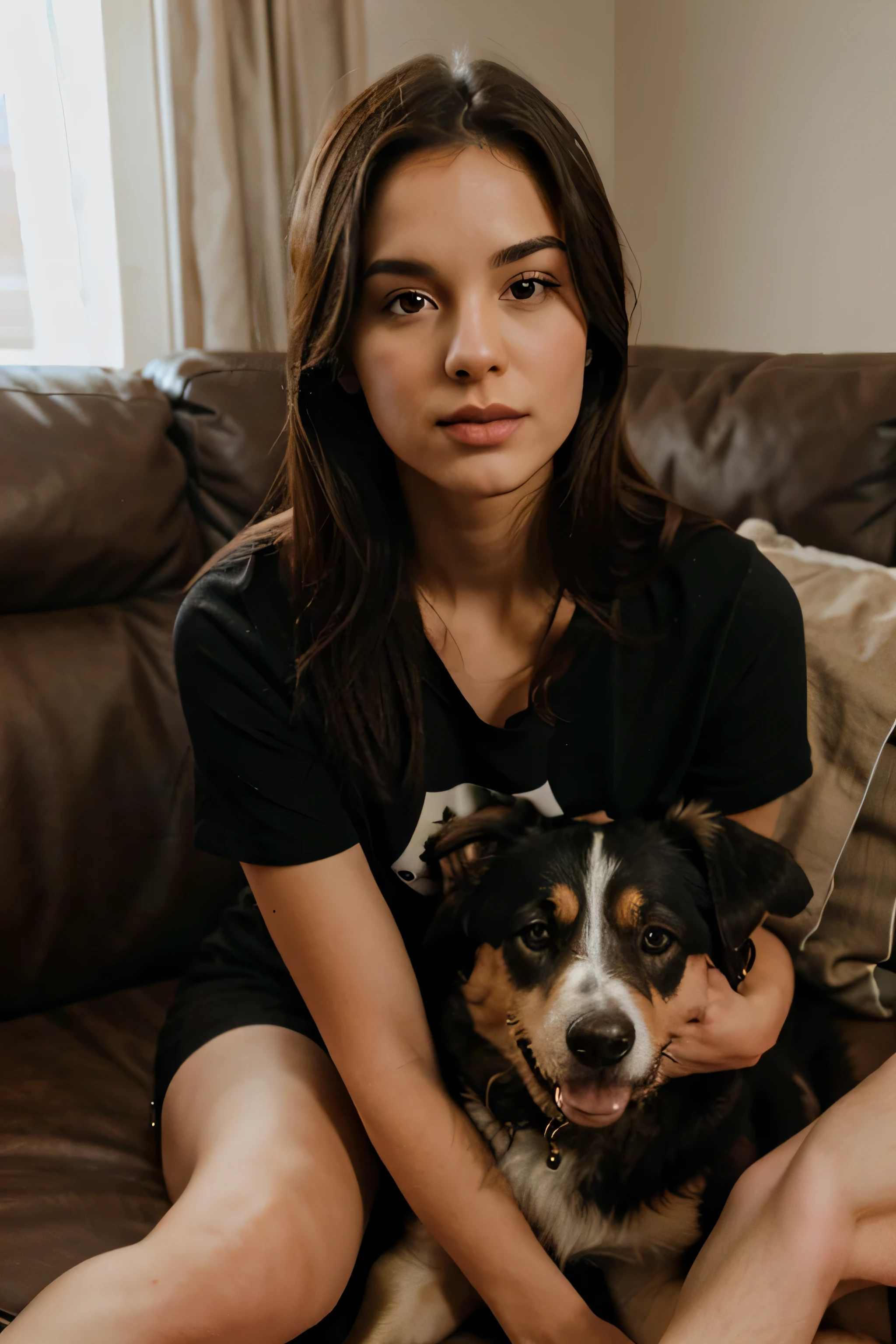 her with her dog sitting at the couch, not sexual