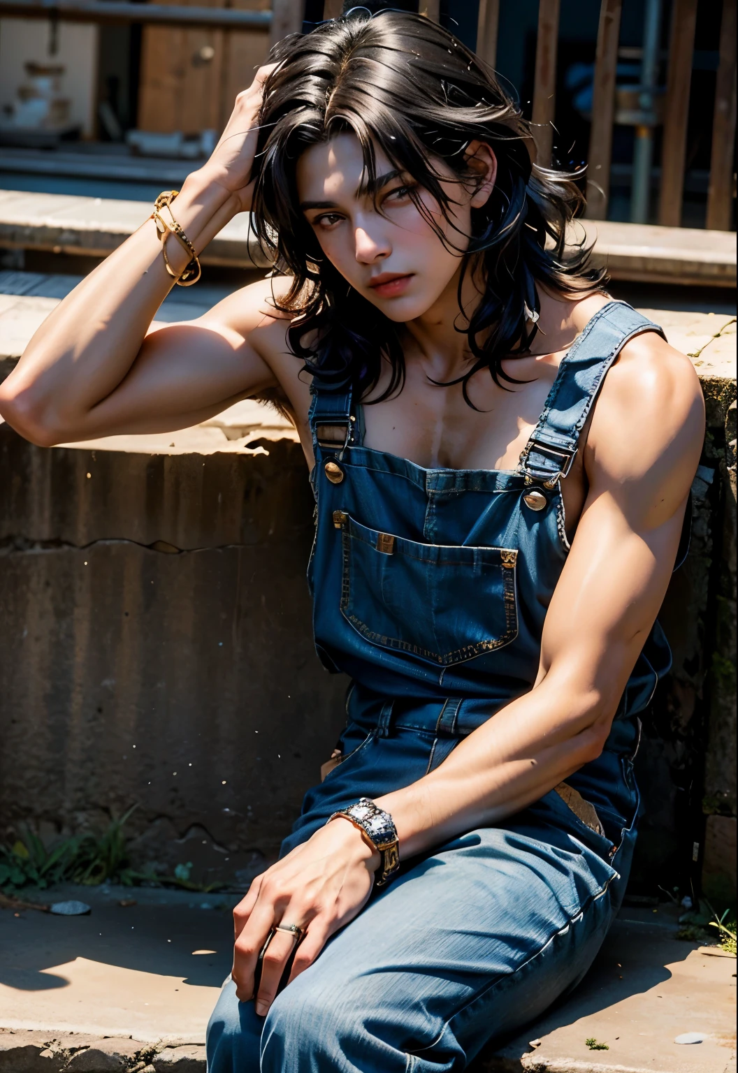 Boy with black hair, big loose hair, beautiful, brown eyes, wearing blue overalls, sitting, black bracelet