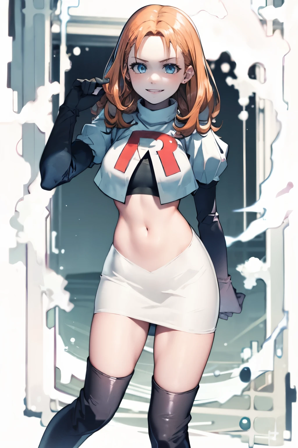 annette_war, long hair, team rocket,team rocket uniform, red letter R, white skirt,white crop top,black thigh-high boots, black elbow gloves , looking at viewer, evil smile