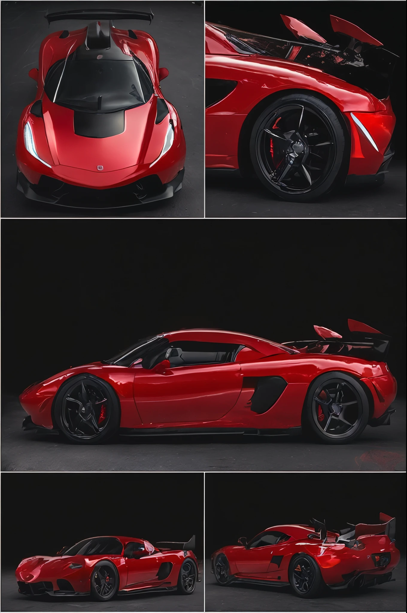 a series of photographs of a red sports car with black wheels, black and red only!!!, with sleek lines and a powerful, vibrant red, dominating red color, supercar, red car, red and cinematic lighting, aerodynamic imposing, metallic red, super car, red on black, some red, sport car, sportcar, sports car